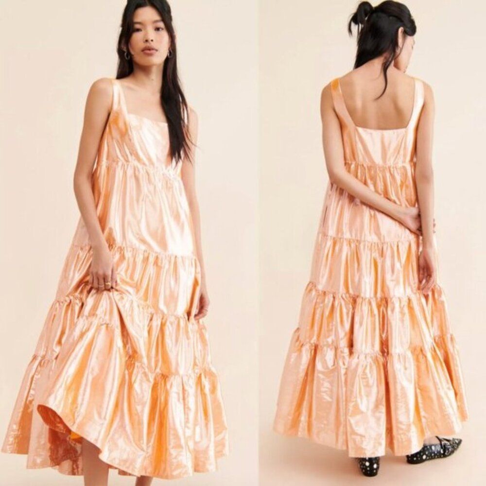 NEW Anthropologie LET ME BE Metallic Tiered Maxi Dress Orange Statement Tank S
